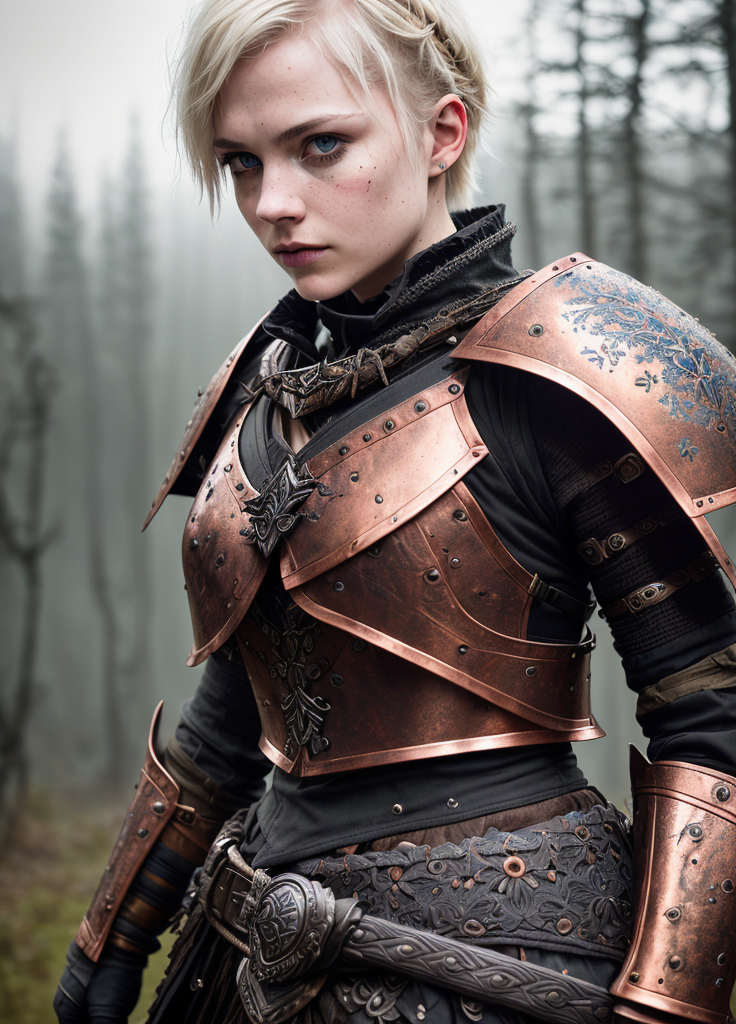 01347-1709490546-1422-award winning waist up photo of a beautiful fantasy warrior, wearing torn black leather armor, tarnished and scratched silver pa.png